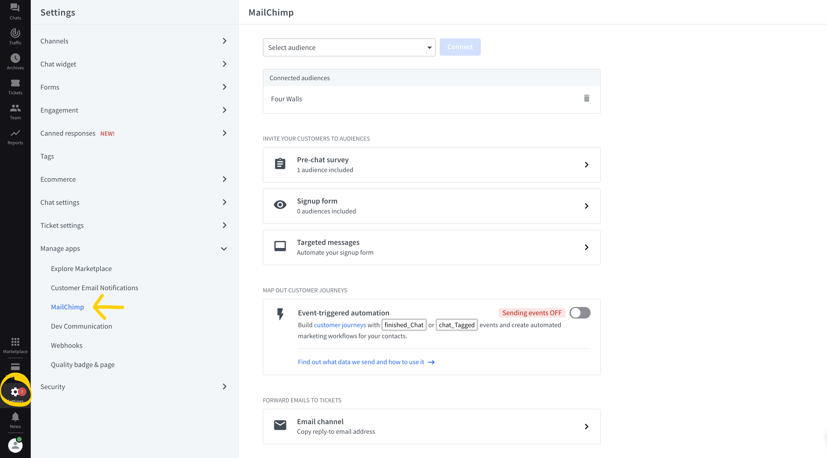 To adjust LiveChat settings for Mailchimp, go to Settings>Integrations & apps>Mailchimp